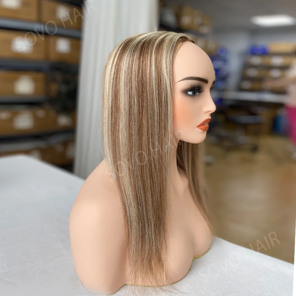 16 Inch Highlight Human Hair Wig for Women 150-180 Density P6/613 Glueless Machine Made Remy Hair Half Opening Wigs