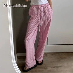 Maemukilabe-pantalones de pierna ancha a rayas para mujer, ropa de calle coreana, pantalones largos rectos sueltos de cintura alta con cordón, ropa de estar por casa