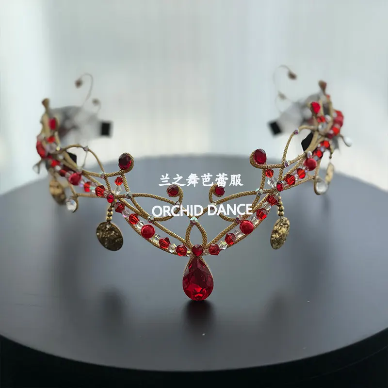 Ballet crown headpiece golden scroll red rhinestone tiara with metal pendants and water drop forehead pendant for ballet charact