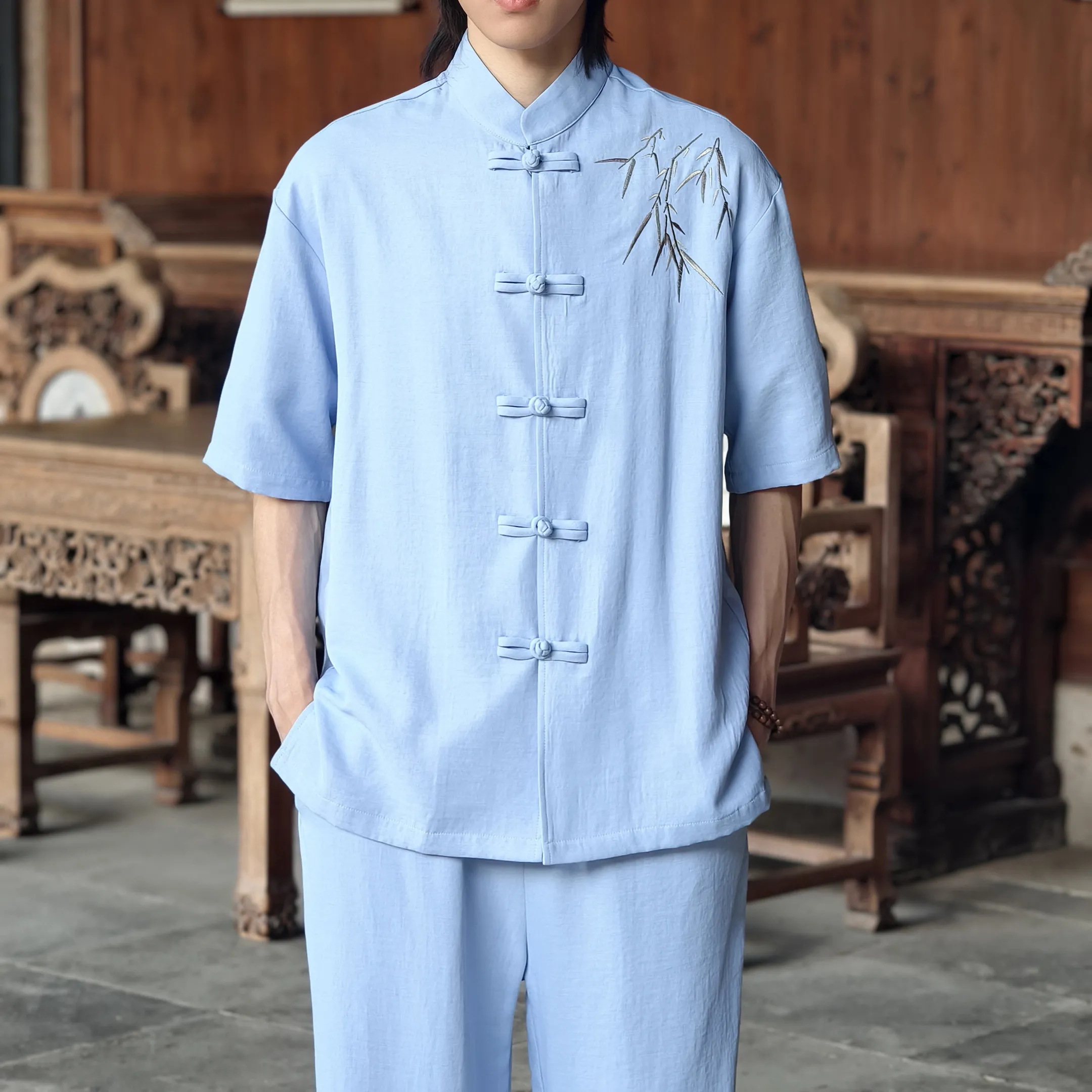Embroidered Shirts Men Summer Chinese Style Traditional Comfortable Top Shirts Retro Tang Suit Kung Fu Ta Chi Casual Shirts Mens