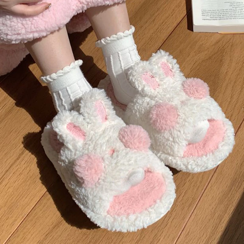 

Lovely Rabbit One-word Cotton Slippers Autumn Winter Ladies Open-toed Slides Women Home Bedroom Warm Cartoon Floor Furry Shoes