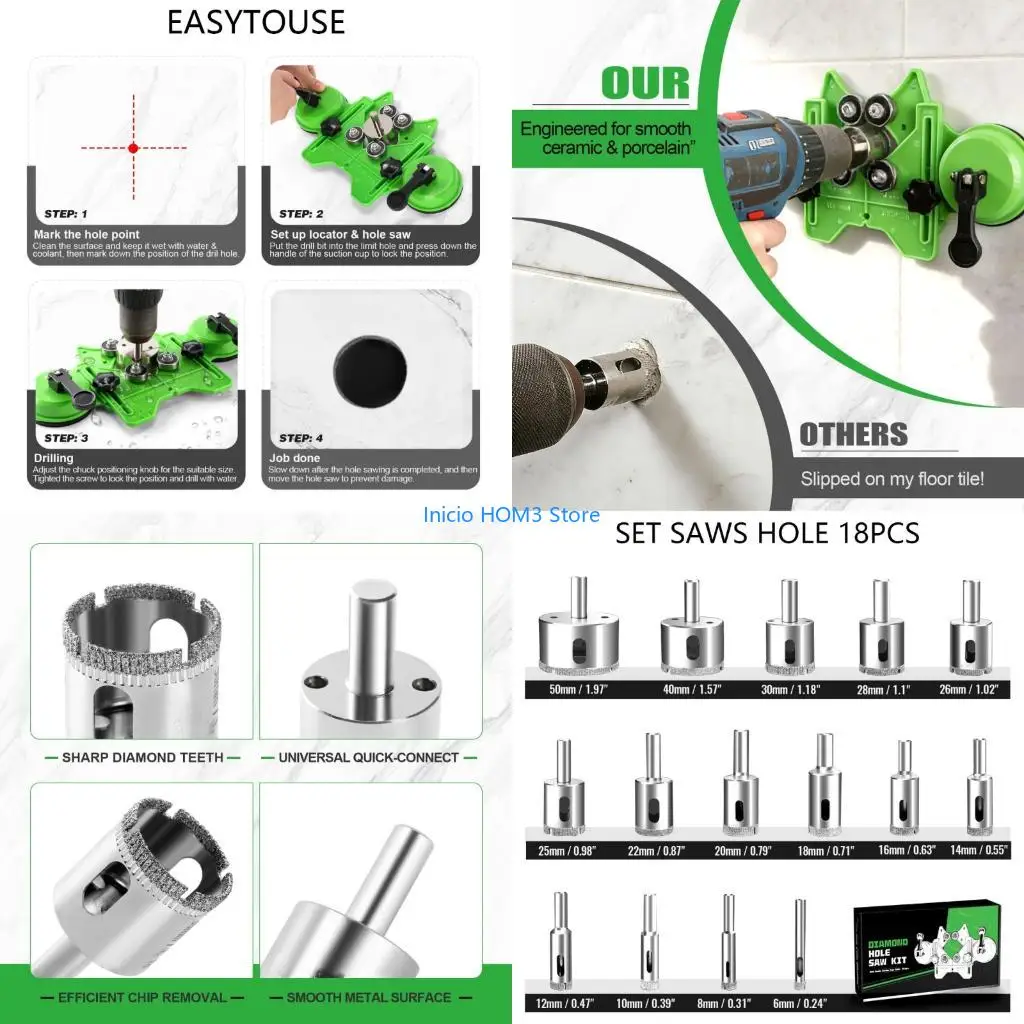 

A5YD 15Pcs Steel Hole Cutter Set With Double Suction Cups For Exact Drilling On Smooth Tile And Stone Surfaces