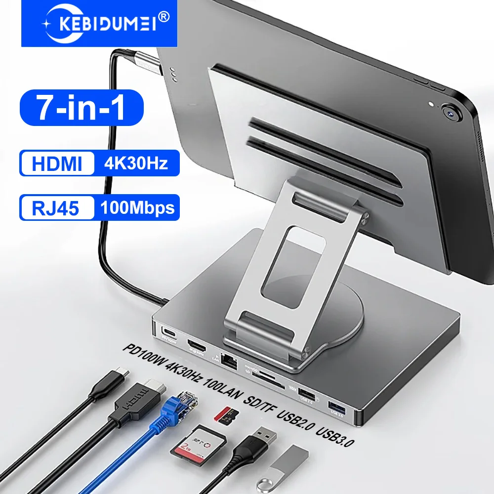 

7-in-1 Tablet Bracket Docking Station USB C HUB USB 3.0 HUB Type C to HDMI Adapter 4K30Hz 100Mbps PD100W Adapter for Laptop