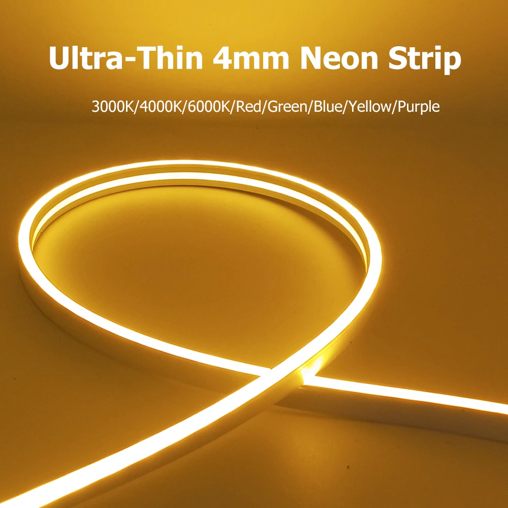 4mm Ultra Thin LED Neon Strip Light DC12V 24V Flexible Silicone Tube Neon Lights Display Cabinet Kitchen White 4000K 1m 5m 10m
