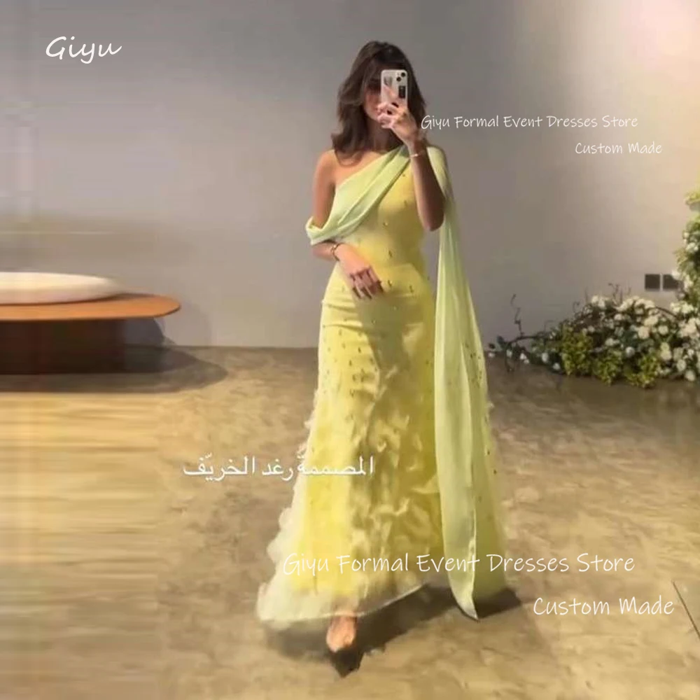 Giyu Elegant Green Chiffon Evening Dresses Long cape Sleeve Beads Prom Gowns Formal Party Occasion Dress Vestidos de fiesta