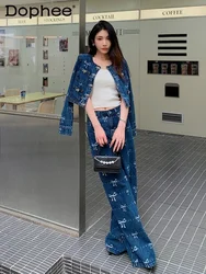 Autumn Vintage 3d Bow Long-sleeved Denim Jacket Women Washed Denim Print Top Wide-leg Trousers 2 Piece Sets Womens Outfits