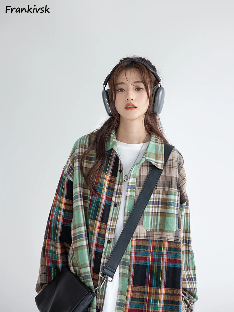 Plaid Shirts Women Asymmetrical Korean Style Leisure Loose Daily Colorful Streetwear Spring Elegant Students Fashion Retro Soft