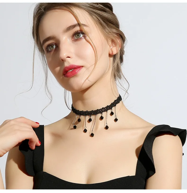 Harajuku Crystal Statement Necklace Collar Black Lace Chokers Flower Necklaces For Women Girl Boho Flower Charms Chian Jewelry