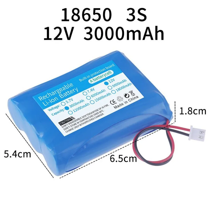 18650 3.7V 3000mAh 6000mAh 9000mAh 12000mAh Li-ion Battery + PH2.0-2P Plug for Bluetooth Speaker Small Player Solar headlights