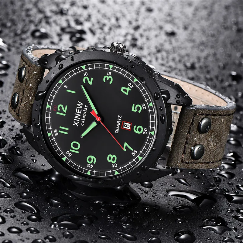 정품 XINEW 브랜드 남성 시계 소년 학생 패션 가죽 밴드 날짜 쿼츠 시계 남성용 시계