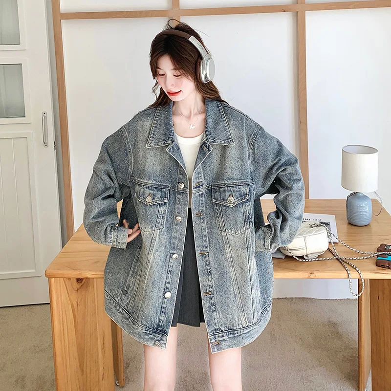 

Heavy-duty Rhinestone Denim Jacket for Women 2025 Spring and Autumn Wash Vintage Loose Casual fashion coat Top