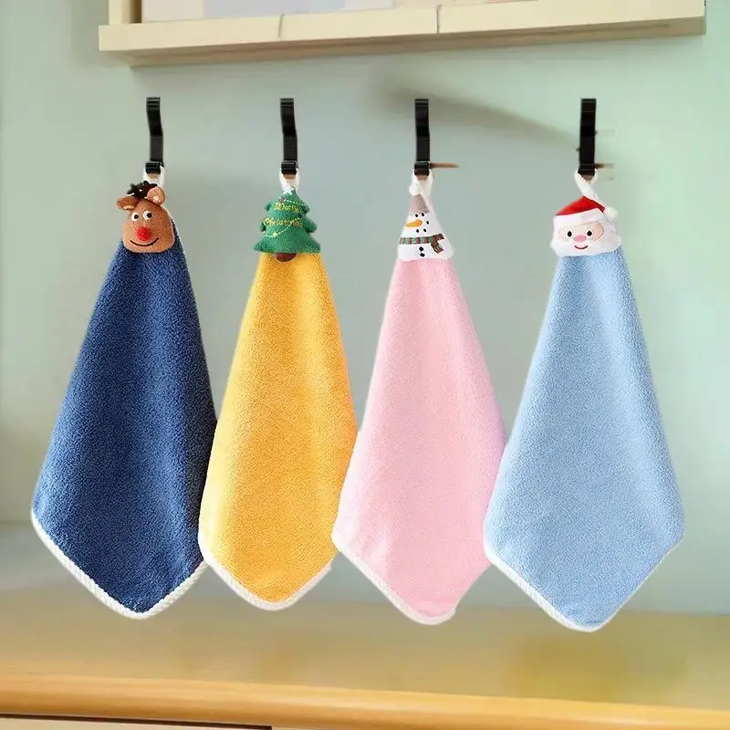 Asciugamano per bambini in stile natalizio Cartone animato Alce Pupazzo di neve Babbo Natale Albero di Natale Asciugamano in velluto Asciugamano appeso per il bagno Panno ad adsorbimento