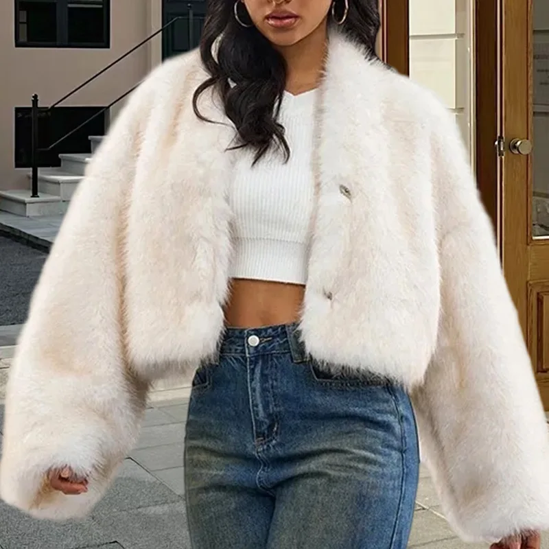 

Windproof Women's Winter Eco Fur Jacket Minimalist Round Neck Button Lady Mink Fur Outwear Versatile Faux Fur Jacket For Female