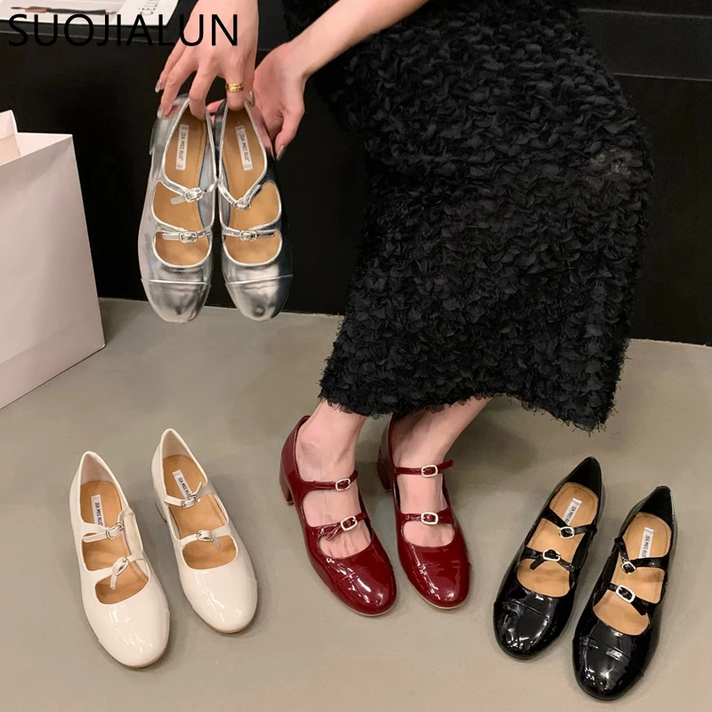 SUOJIALUN 2023 Autumn Women Square Low Heel Pumps Shoes Fashion Round Toe Mary Jane Ballerinas Flat Heel Casual Ballet Shoes