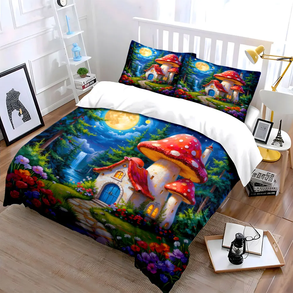 Fairy Mushroom House in Moonlit Flowers Print Bedding Set 1Duvet Cover 2Pillowcases for Adult and Children Luxury Gift Full Size