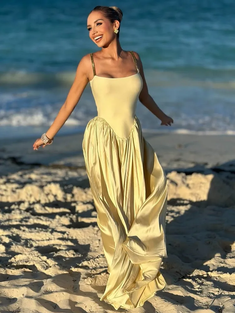 

Women Celebrity Sexy Sleeveless Yellow Backless Maxi Long Bodycon Bandage Dress 2025 Elegant Evening Club Party Dress