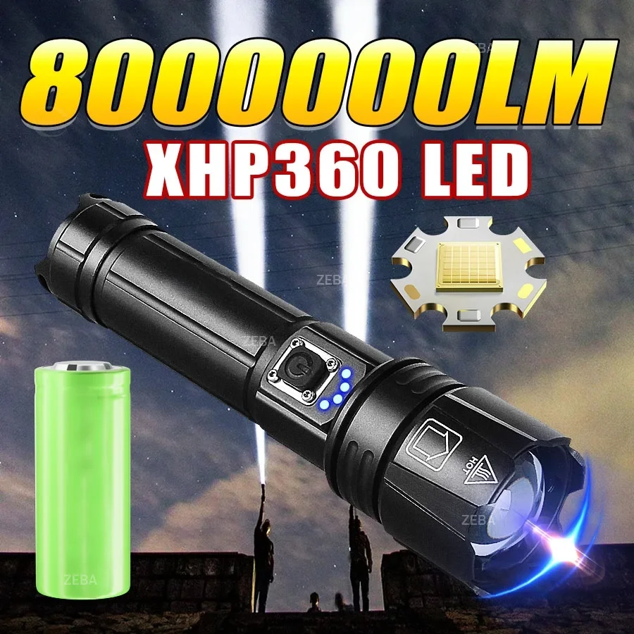 

Новый сверхъяркий светодиодный фонарь XHP360 2026 года, 80000000 лм, USB-перезаряжаемый, тактический, с зумом, для кемпинга и рыбалки