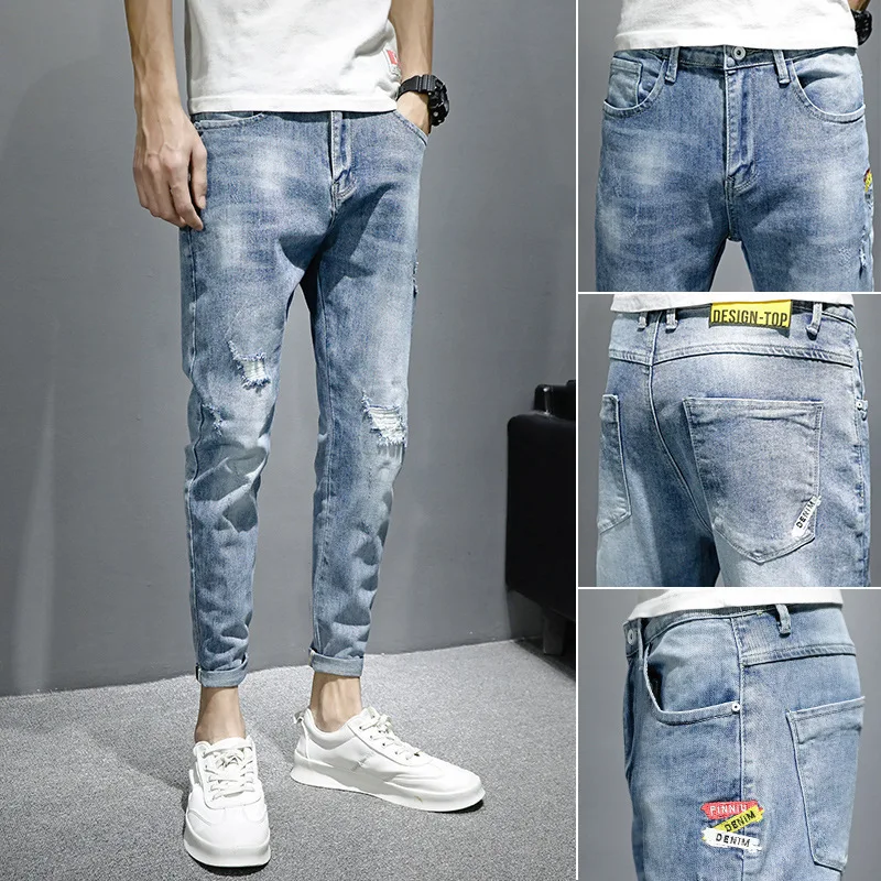 Teenagers Embroidery Denim Jeans Men\'s Summer Thin Slim Feet Korean Style Trend Men\'s Casual Hole Brand 2022 Pencil Pants