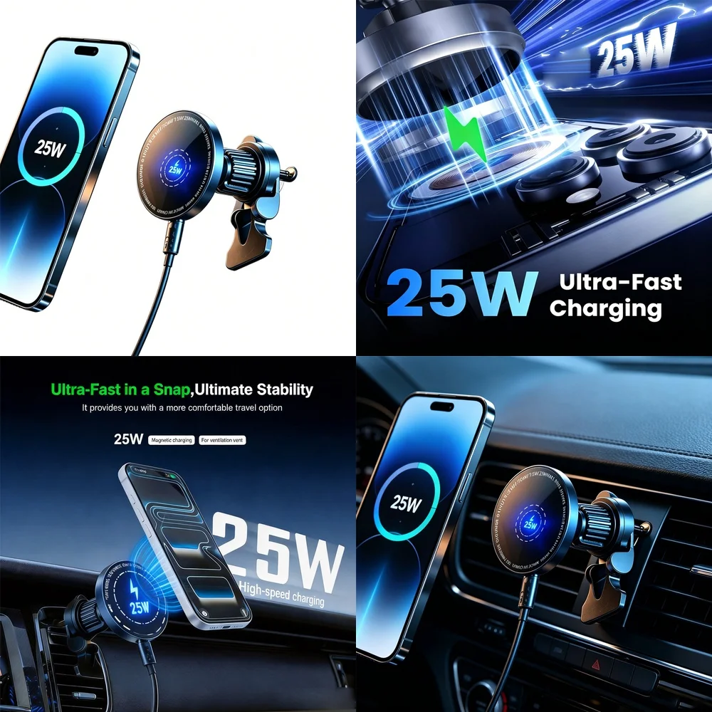 25W Magnetic Car Wireless Charger Super Fast Car Air Vent Mount Holder Compact Design for iPhone 17 16 15 14 13 12 Pro Max