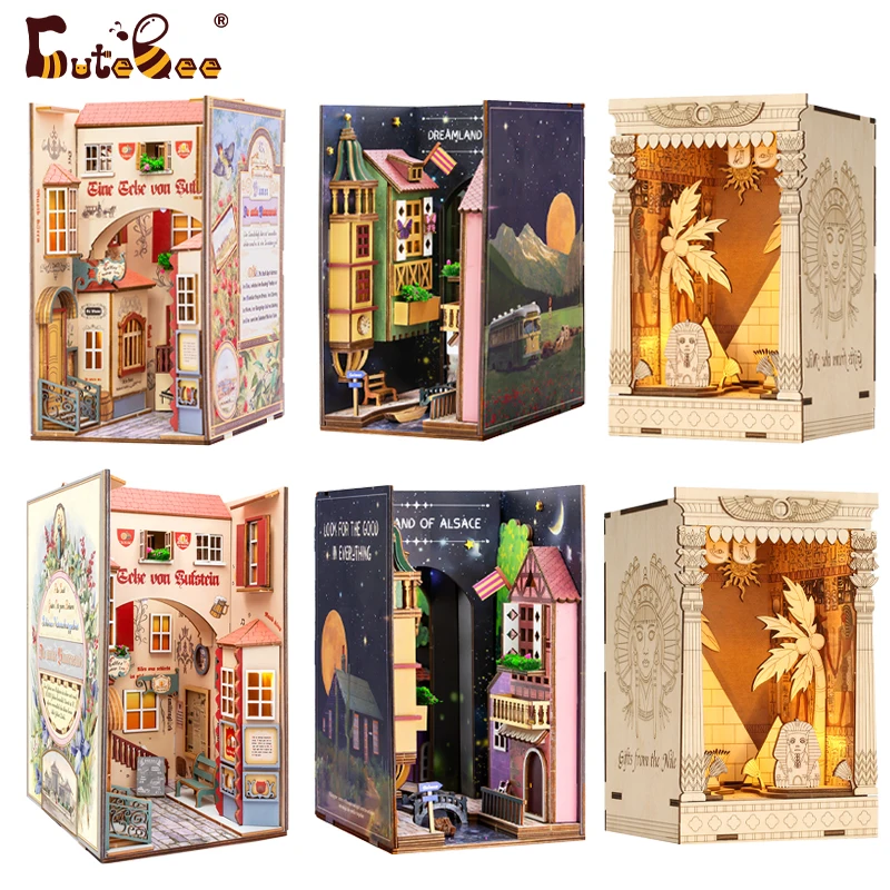 CUTEBEE DIY BOOK NOOK Shelf Insert Kits Wooden Miniature DollHouse Havana Stroll with Furniture LED Toys Gifts