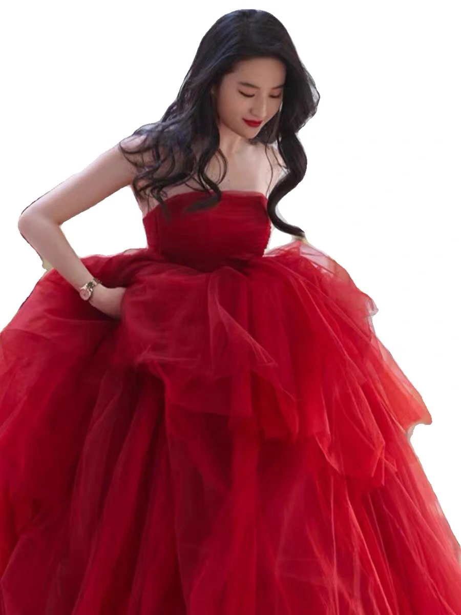 E Vestido de Novia Rojo para Mujer con Hombros Descubiertos, Vestido de Noche para Anfitriona, Nuevo 2025, Alta Gama, ...