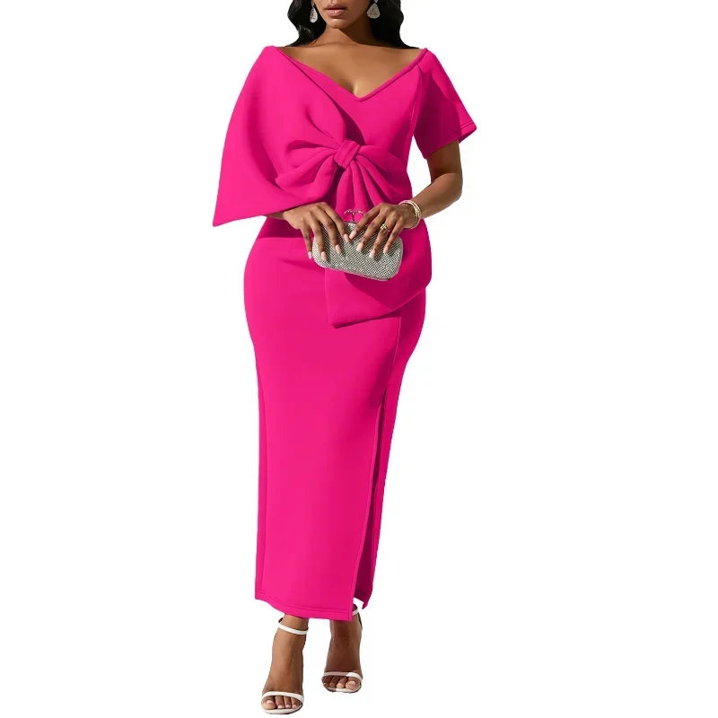 

African Women Long Dresses 2025 Summer Sexy Big Bow Elegant V-neck Party Wedding Polyester White Pink Purple Robes Maxi Dress
