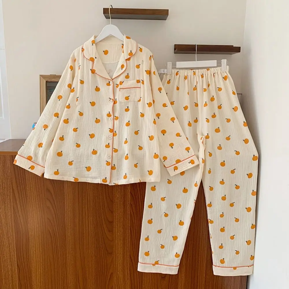 Fashion V-neck Fruits Pajamas Suit Loose Homewear Orange Nightdress Set Short-sleeves Sweet Women Short Sleepwear Long Style