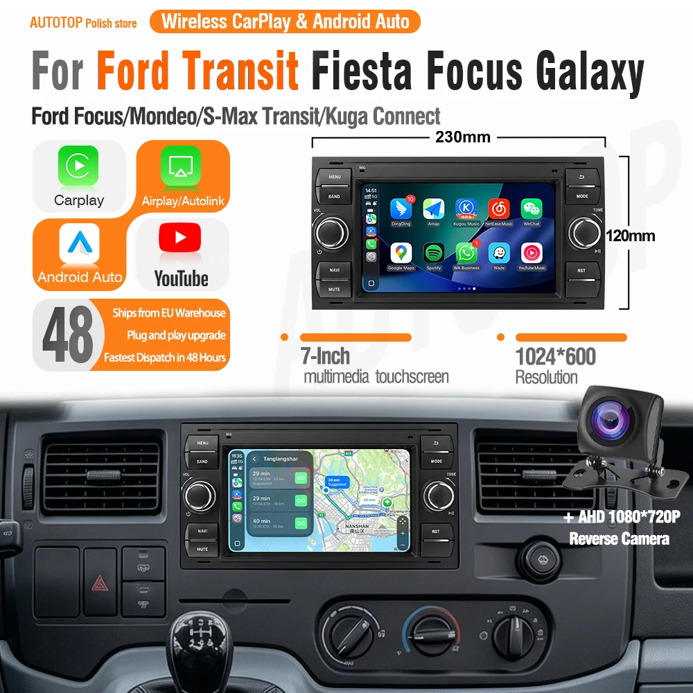 Écran de voiture AUTOTOP 7 pouces YouTube pour Ford Focus/Mondeo/S-Max Transit/Kuga Connect, CarPlay sans fil, Android Auto, caméra de recul, RDS