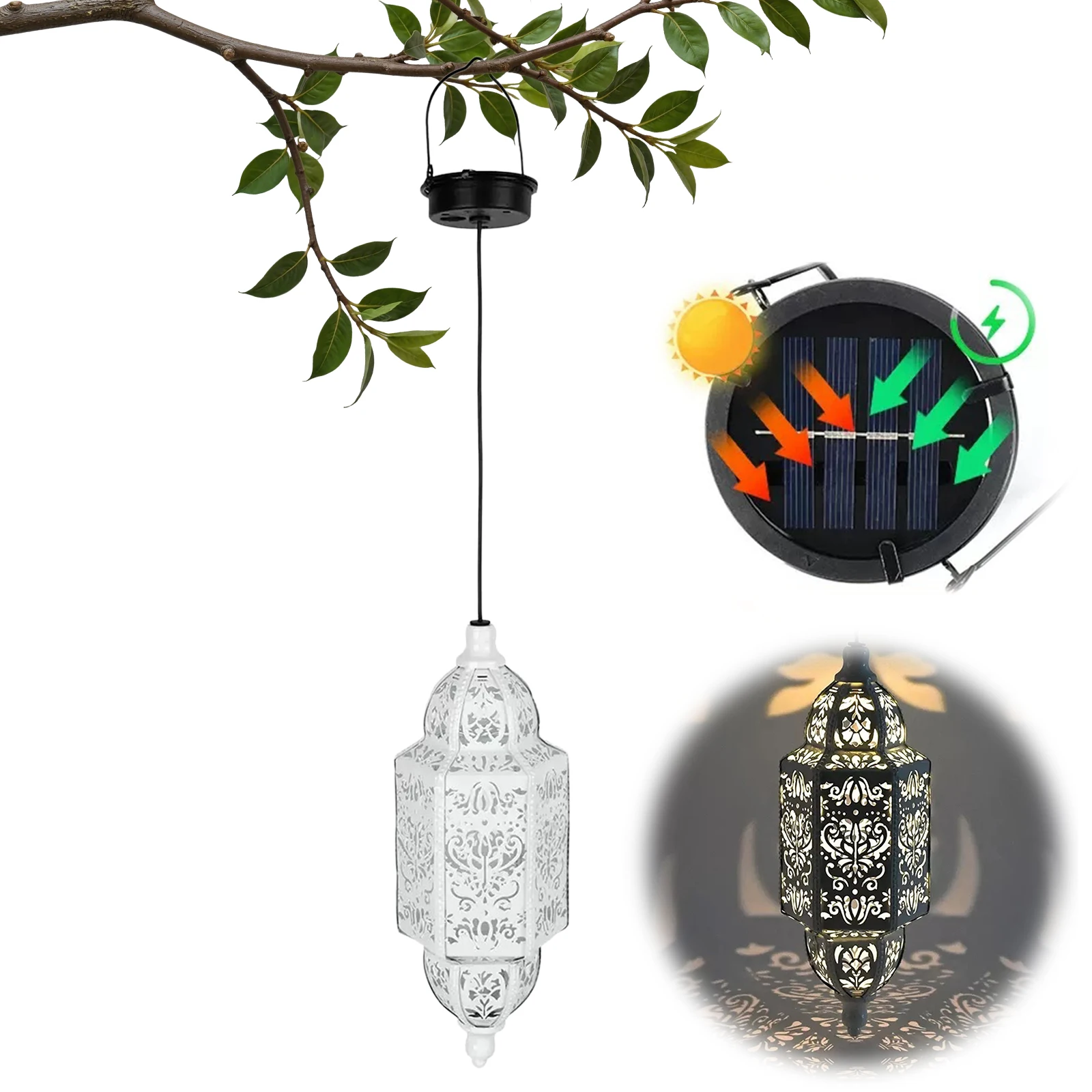 Solar Lanterns Outdoor IP44 Waterproof, Hanging Solar Lights with Hollow Out Shade - LED Metal Wall Mount Outdoor Light for Yard