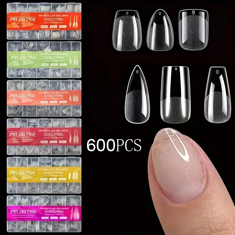 ปลายเล็บอะคริลิกแบบกึ่งด้าน รูปทรงอัลมอนด์ สีใส 600 ชิ้น สำหรับต่อเล็บและอุปกรณ์ทำเล็บ