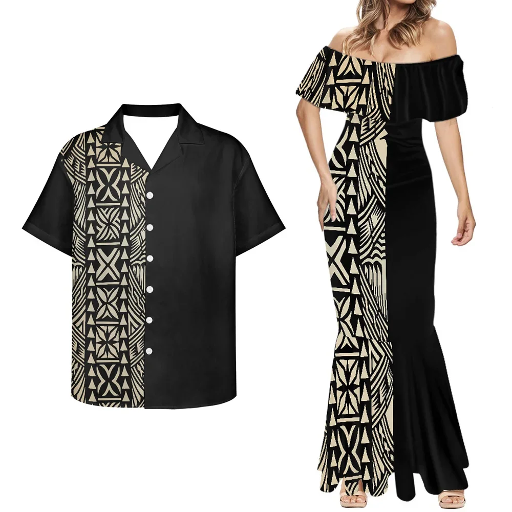 Black Polynesian Tribal Pattern Women Dresses And Men Shirts 2pcs Hibiscus Plus Size Womens Clothing 8XL Summer Couples Clothing