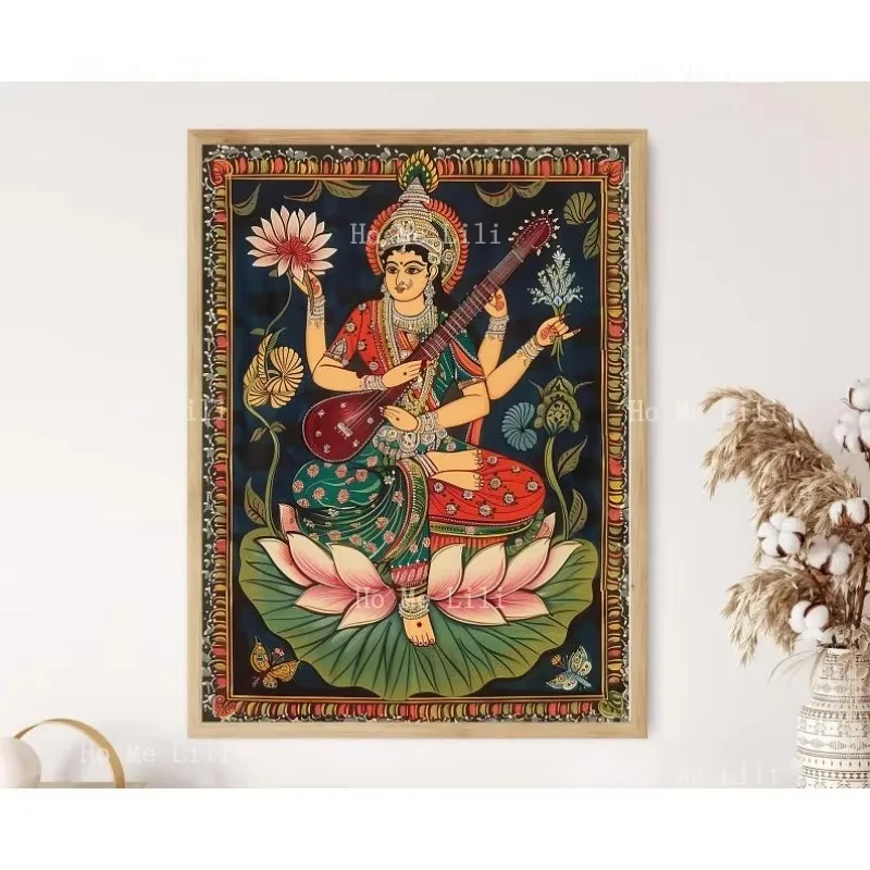 Göttliche Saraswati Pattachitra Leinwanddruck Poster, aufwendige indische ungerahmte Volkskunst, perfekt für Meditation, spirituellen Raum