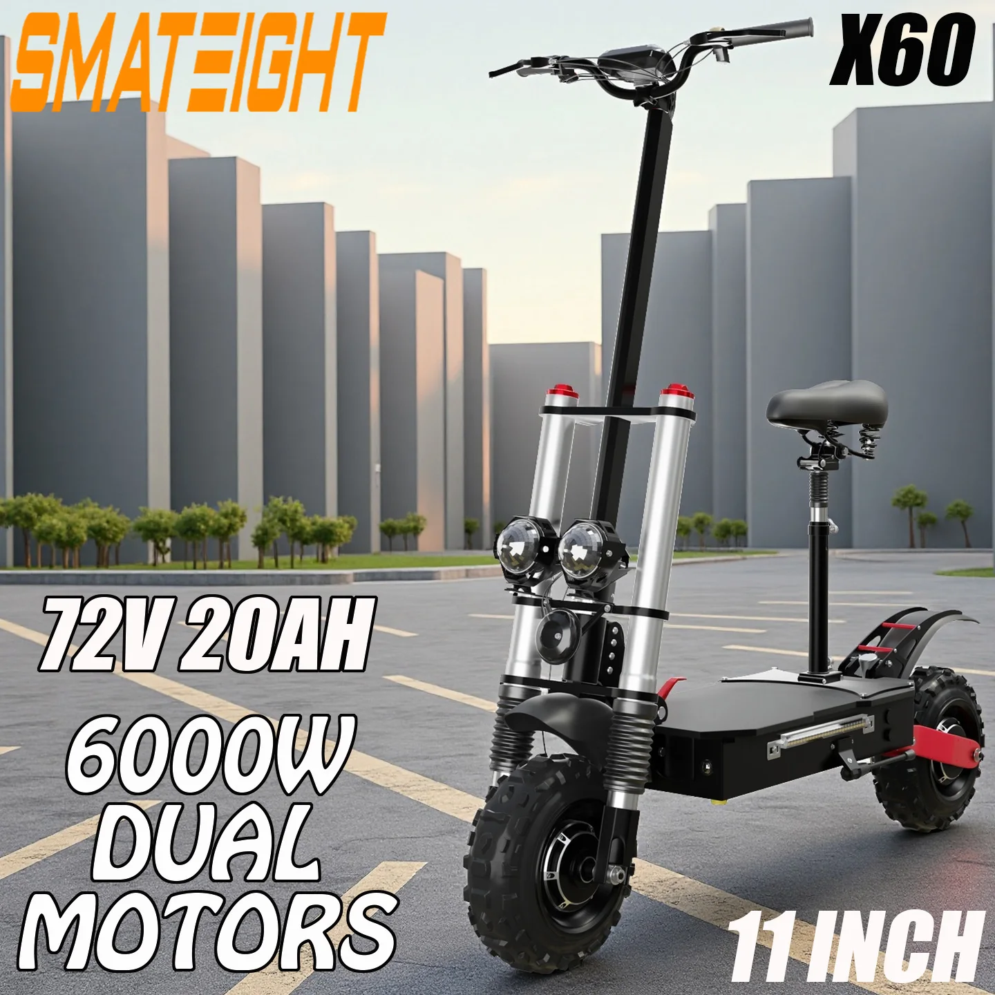 Patinete eléctrico todoterreno con rueda grande de 11 pulgadas, velocidad máxima de 50MPH, batería de litio de 20Ah, patinete eléctrico plegable de largo alcance de 50 millas con asiento