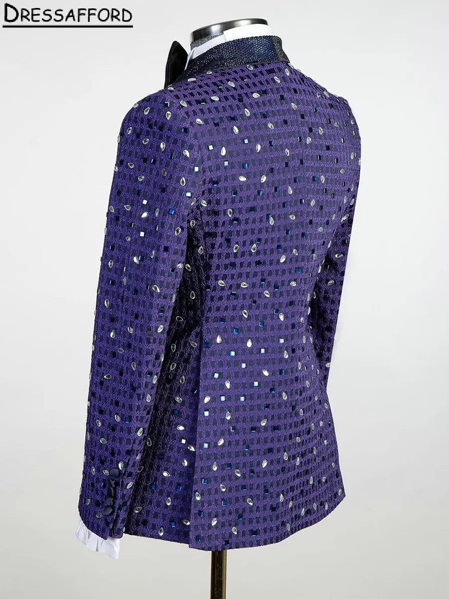 Purple Checkered Evening Party Men Suits Crystal Beading Two Pieces Blazer Groom Wear ( Jacket + Pants )