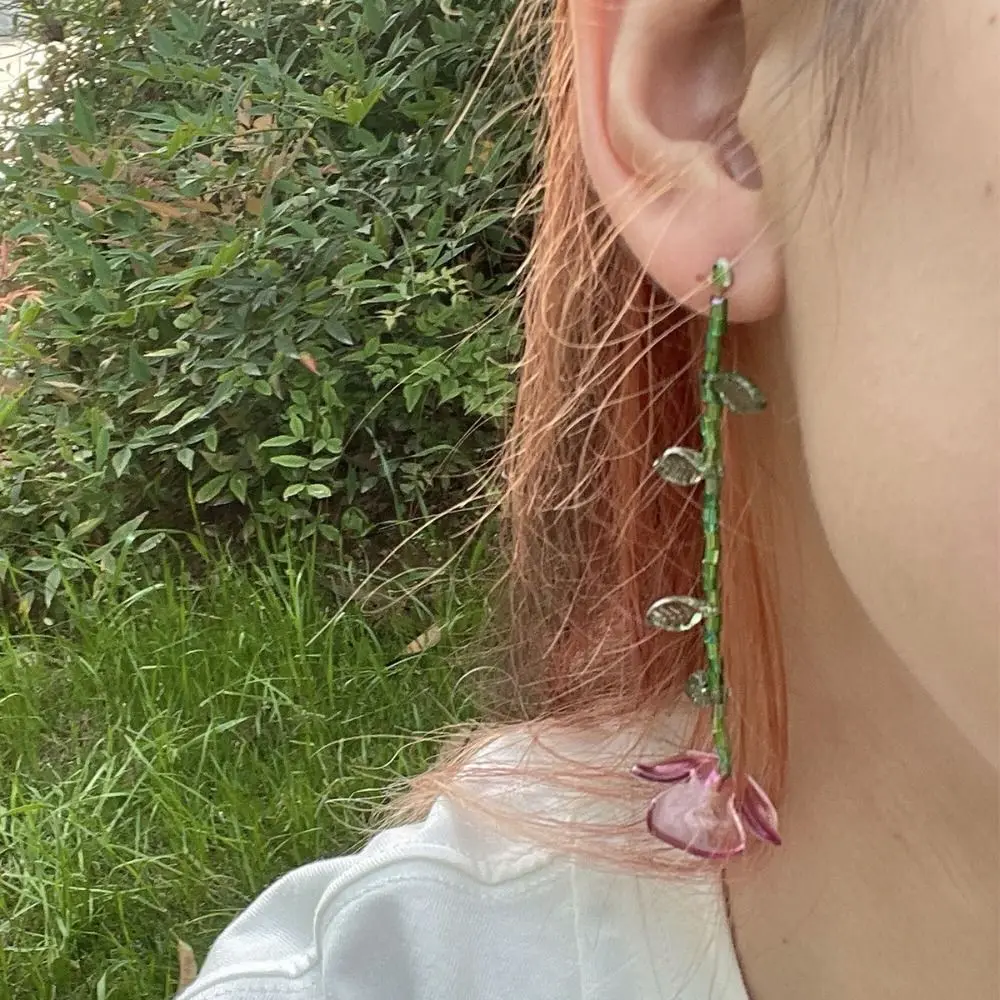 Handmade Resin Flower Necklace Minority Design Jewelry Accessories Beaded Dangle Earring Korean Style Tassel Asymmetric Earrings