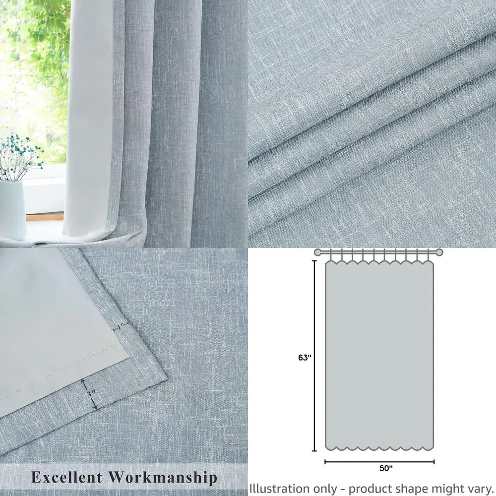 

Плотные льняные плотные шторы с шумоподавлением, 100% затемнение в помещении, 8 люверсов, синий, 50x63, 2 панели для спальни