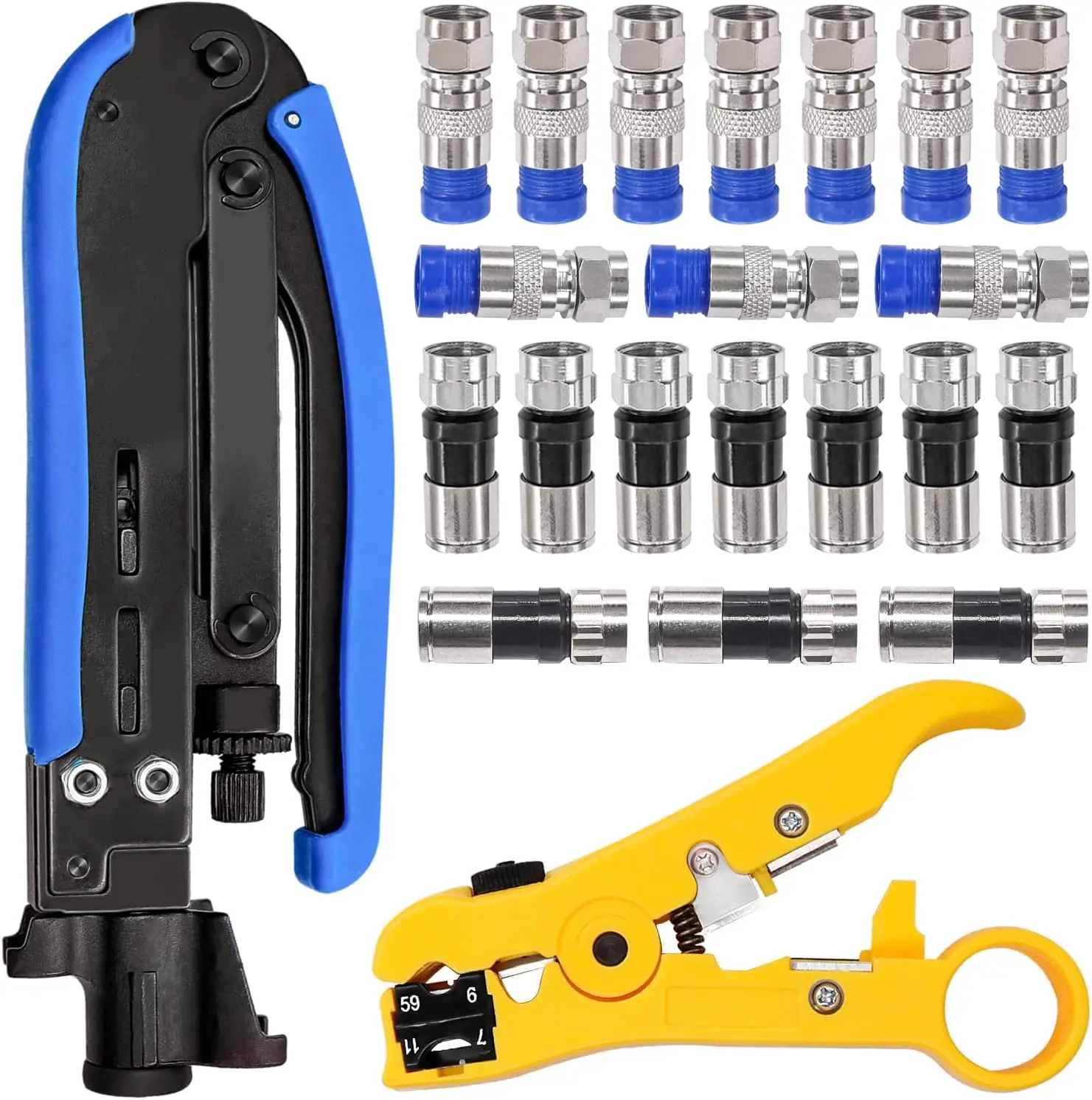 

Coaxial Compression Tool Coax Cable Crimper Kit with 20 PCS F Style RG6 Connectors Adjustable RG6 RG59 Coaxial Cable Stripper
