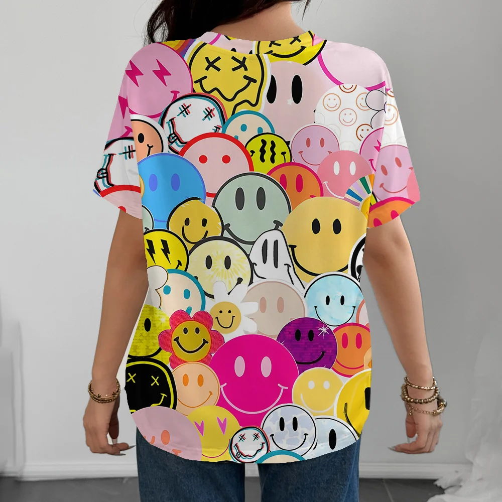 Camiseta informal con estampado de cara sonriente para mujer de arcoíris, diseño divertido multicolor, moda informal, cómoda, manga corta de verano