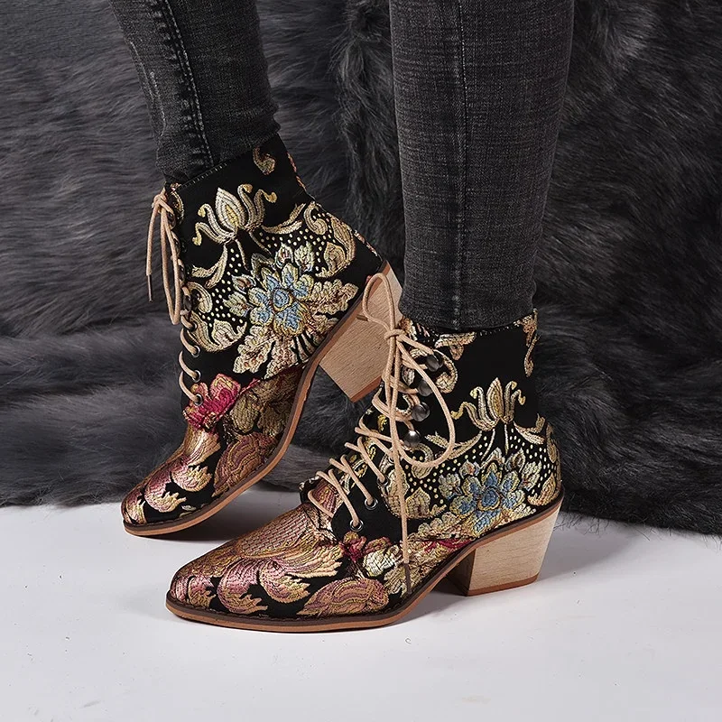 New Thick Heel Lace-up Women\'s Shoes Embroidered 35-43 Plus Size Fashion Retro Warm Short Boot Botas Femininas 2023