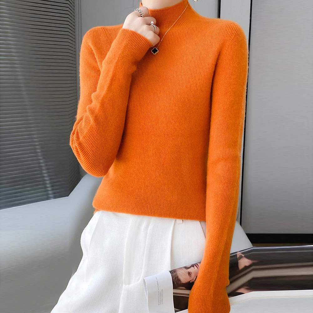 

High Collar Long Sleeved Knitted Blouse T Shirt WomenBlack White Pink Navy Orange Coffee Sweater Girls Elastic Slim Shirt Tops