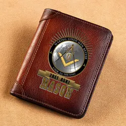 High Quality Genuine Leather Wallet Freemason 2Be1 Ask1 Mason Look To The East Printing Standard Short Purse BK1291