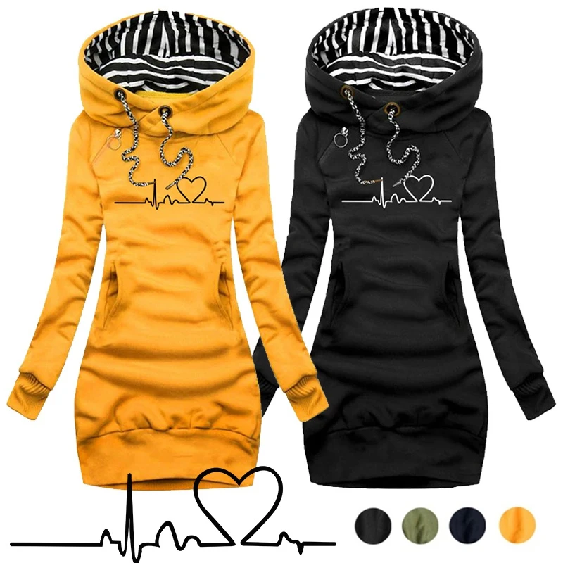 Winter New Fashion Women Long Sleeve Hoodie Dress with Pockets Solid Color Slim Fit Pullover Hoodies Sweatshirt Dress