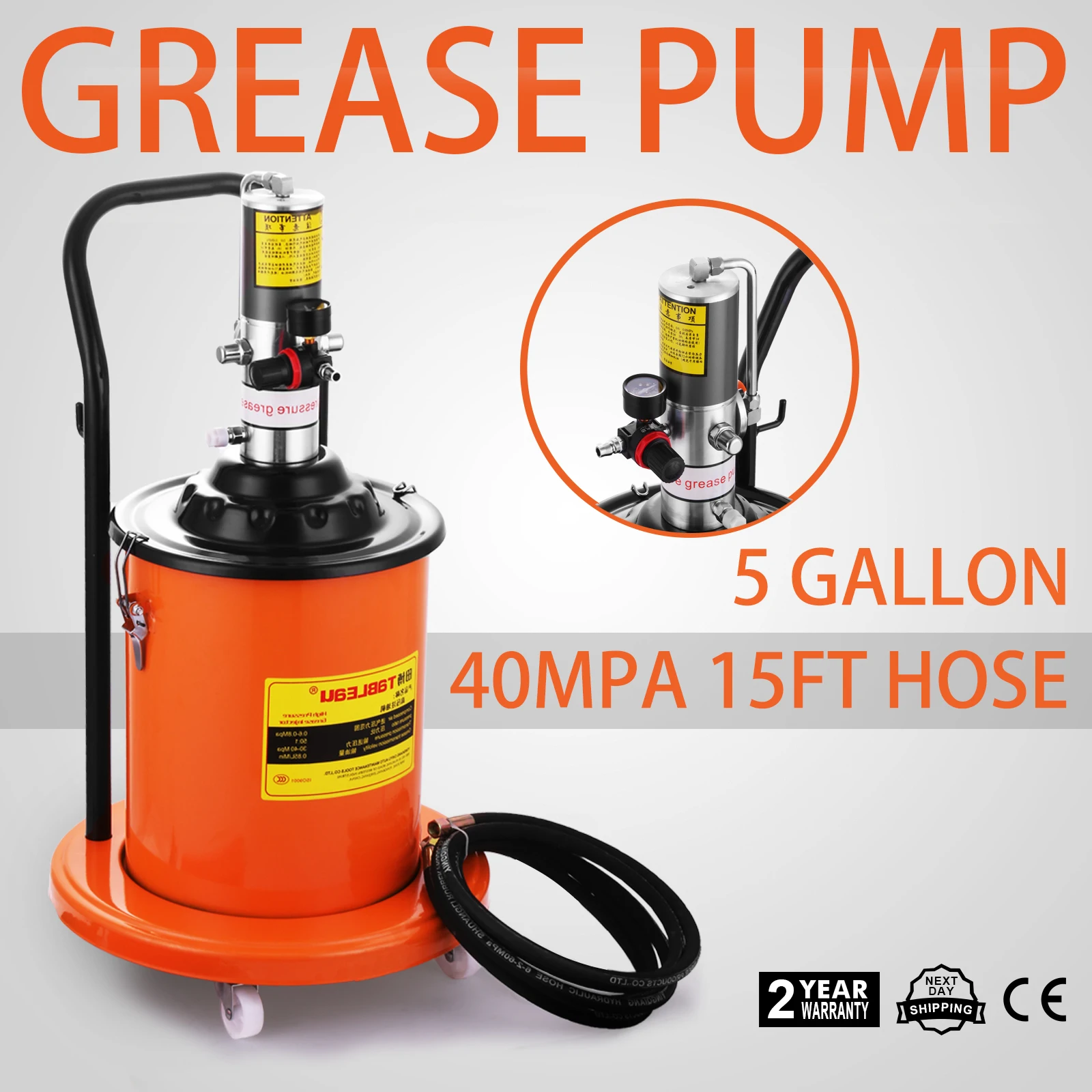 VEVOR Portable 20L Grease Pump Set Electric 5 Gallon Air Operated Grease Pump with 20FT High Pressure Hydraulic Hose