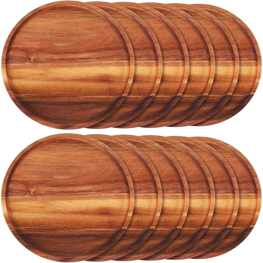 

12 Pcs Acacia Wood Dinner Plates Round Wood Dishes Wooden Charger Serving Tray Easy Cleaning Lightweight Unbreakable Classic Pl