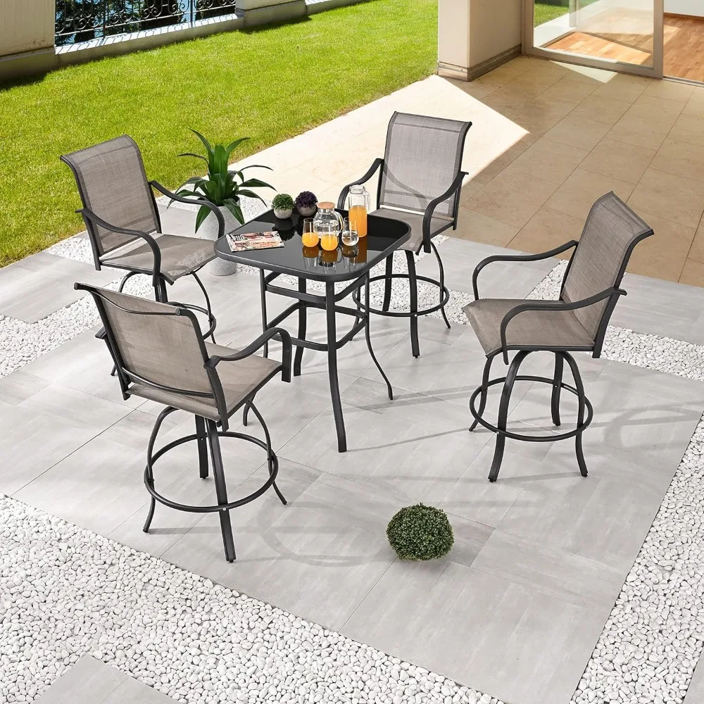 5 Piece Patio Dining Set Tesling Swivel Chairs with Glass Square Table Outdoor Furniture Bistro Rotating Stools for Poolside