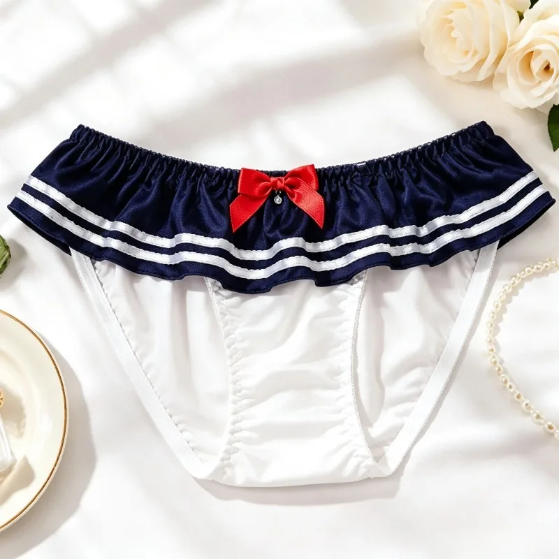 Japanese Navy Style Cartoon College Cosplay Panties Bow Decor Sexy Cute Women Milk Silk Briefs High Elastic Underwear