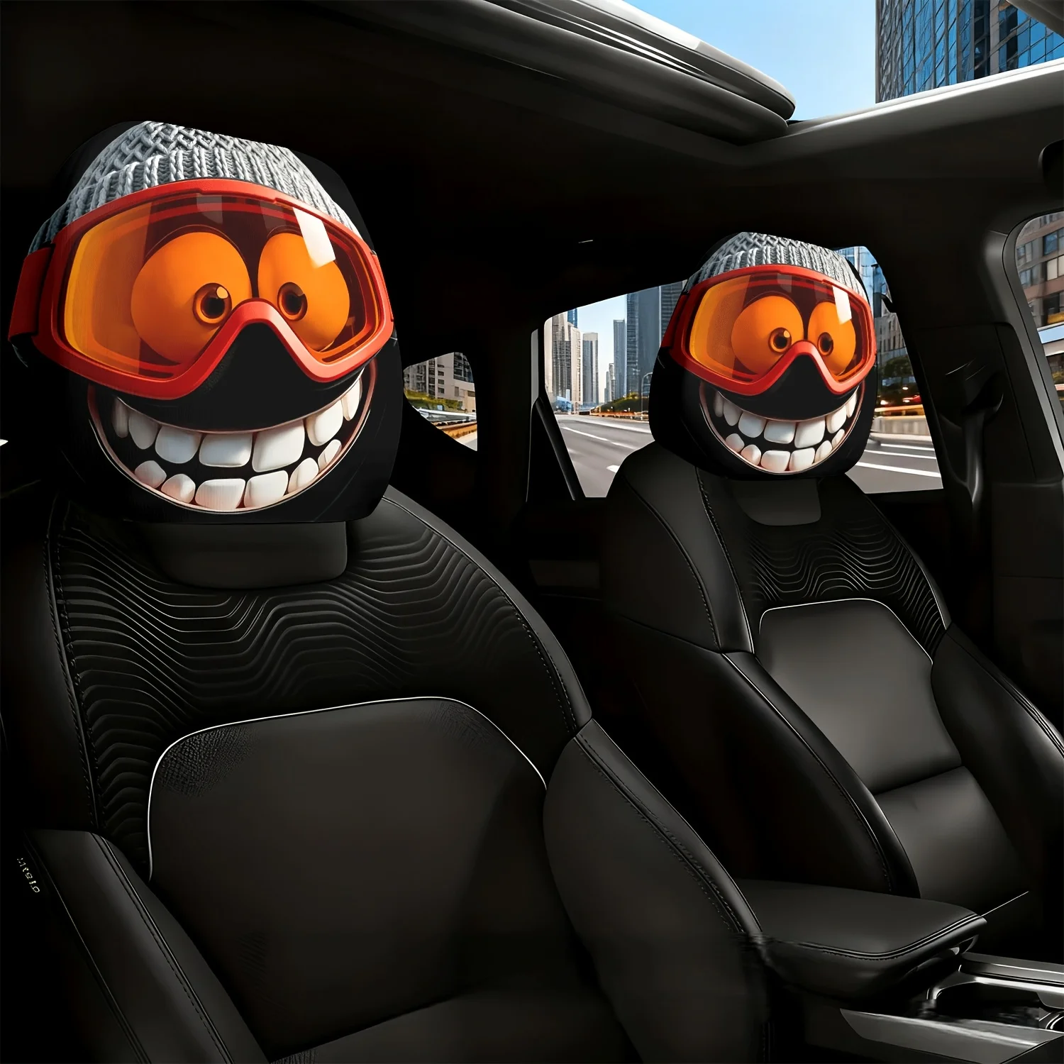 The Winter-Themed Printed Patterns of 2pcs Red-Orange Goggles And Knitted Hats for Car Seat Cushions, Headrests, And Neck Pill view 2