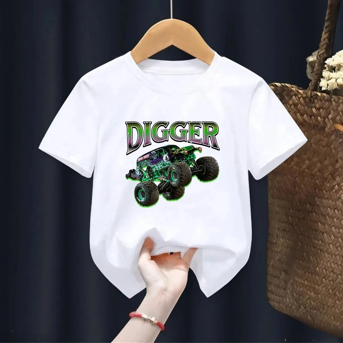 Funny Monster Animal Truck Pattern Print Boys Tshirt Fashion Harajuku Kawaii Kids 2025 Summer Casual Tshirt White/Grey Tees