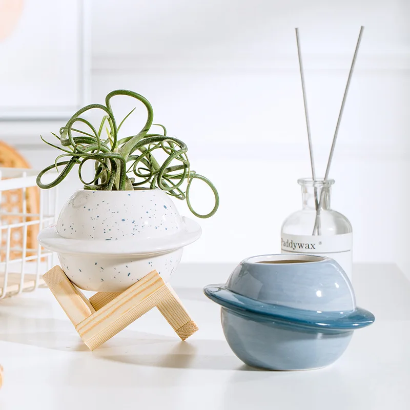 Cute Ceramic Flower Pot with Wooden Stand Creative Decor for Succulents Air Plants Metaverse Planet