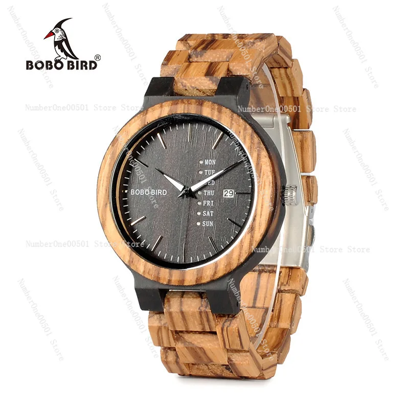 

Two-Tone Wood Men's Watch Day Date Display Quartz Natural Material Wristwatch